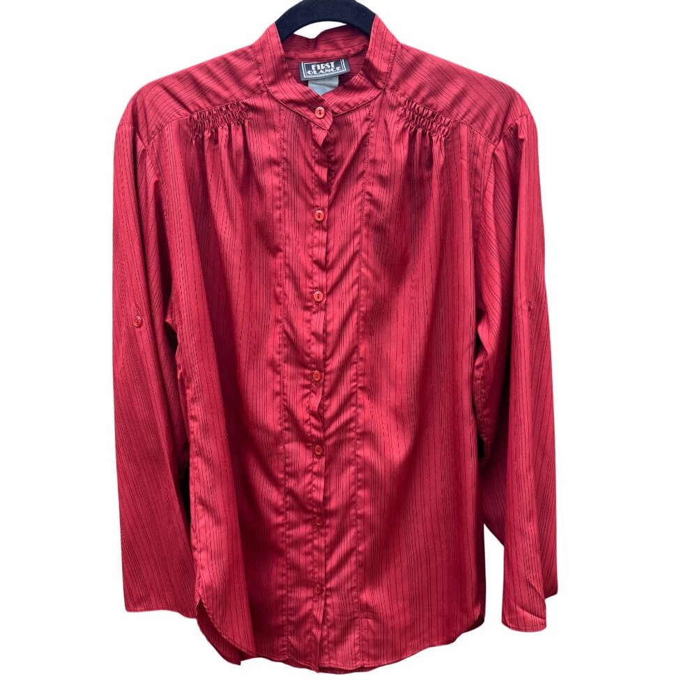 First Glance Vintage Rust Red Pinstriped Button-Up Shirt Mandarin‎ Collar Ruched